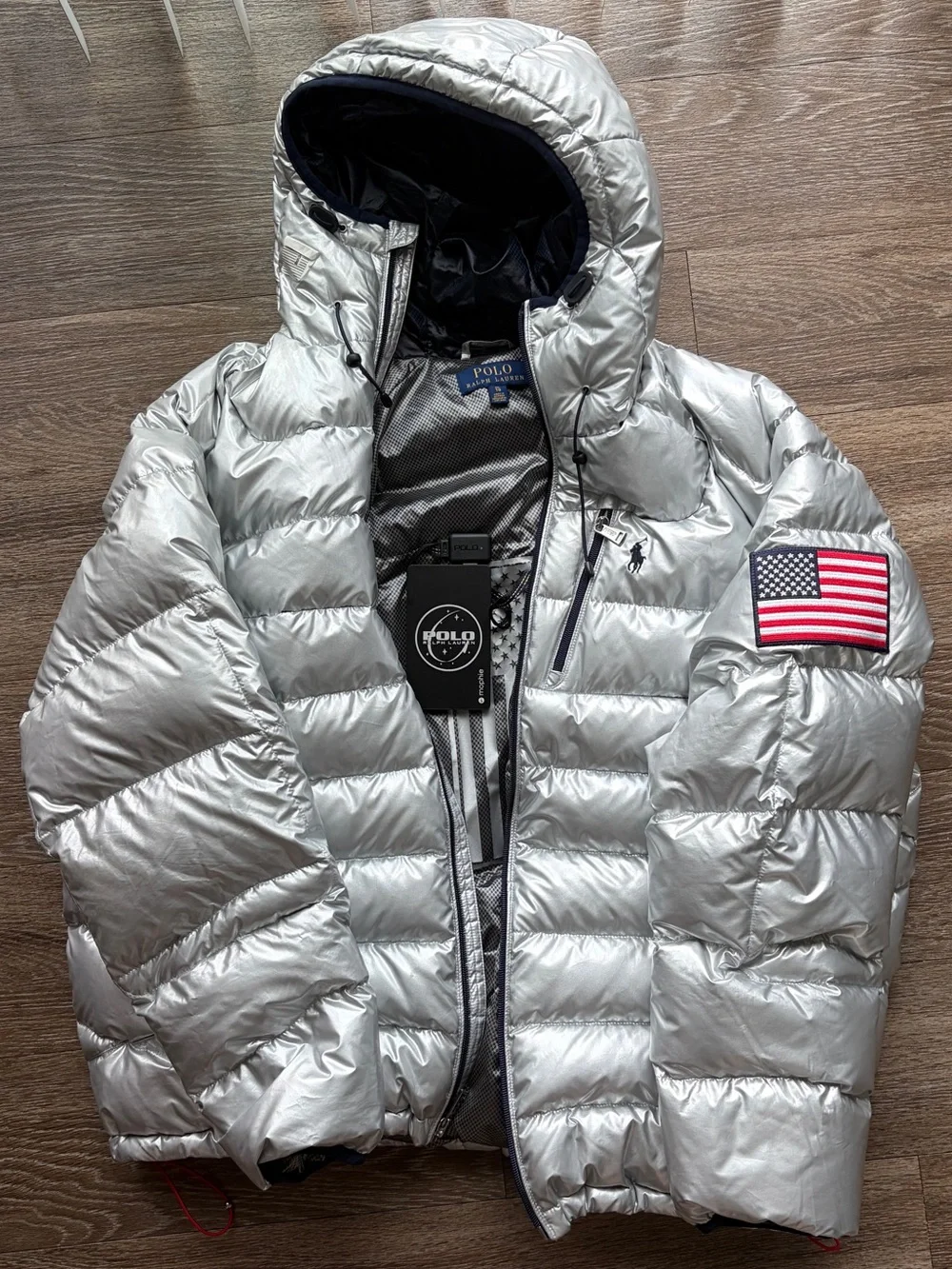 Polo by Ralph Lauren Heated Puffer Silver Quilted Jacket with Navy Trim